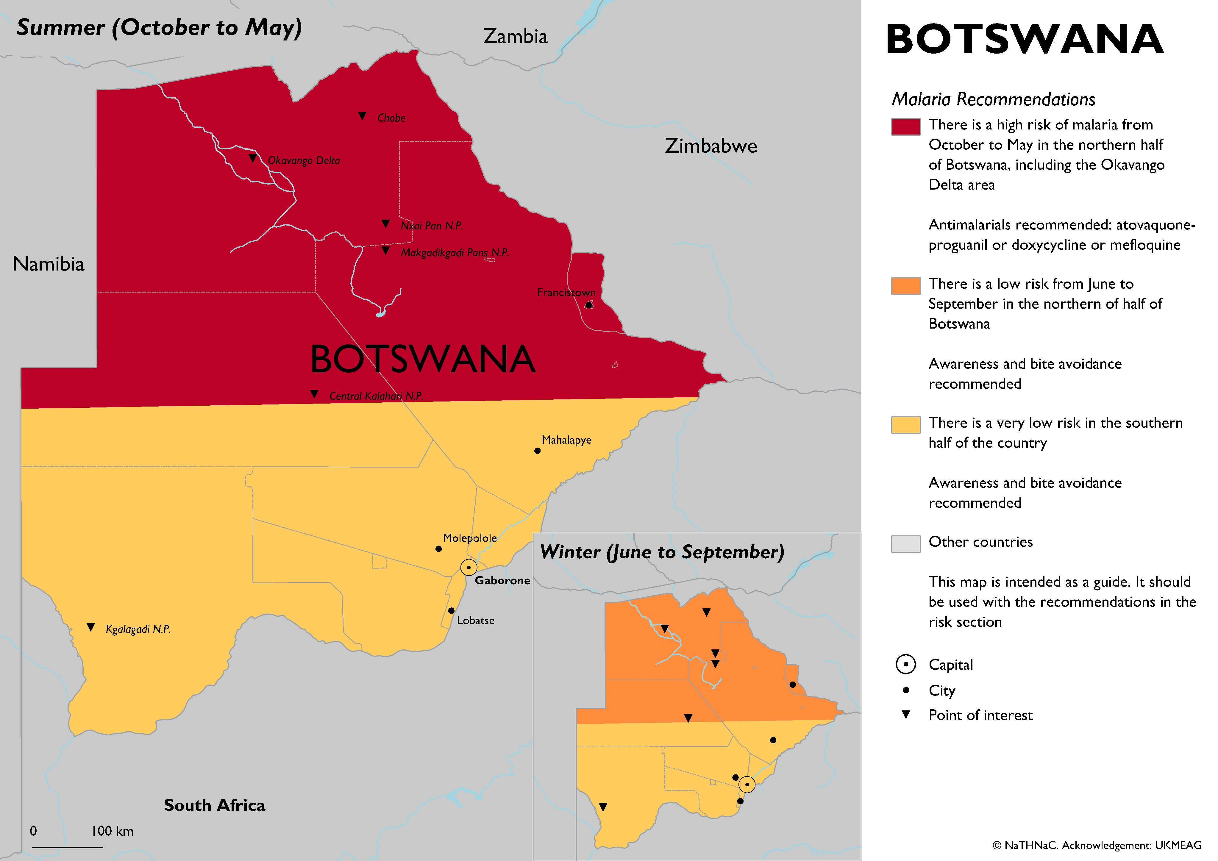 Botswana malaria recommendations Map of Botswana showing antimalarial recommendations