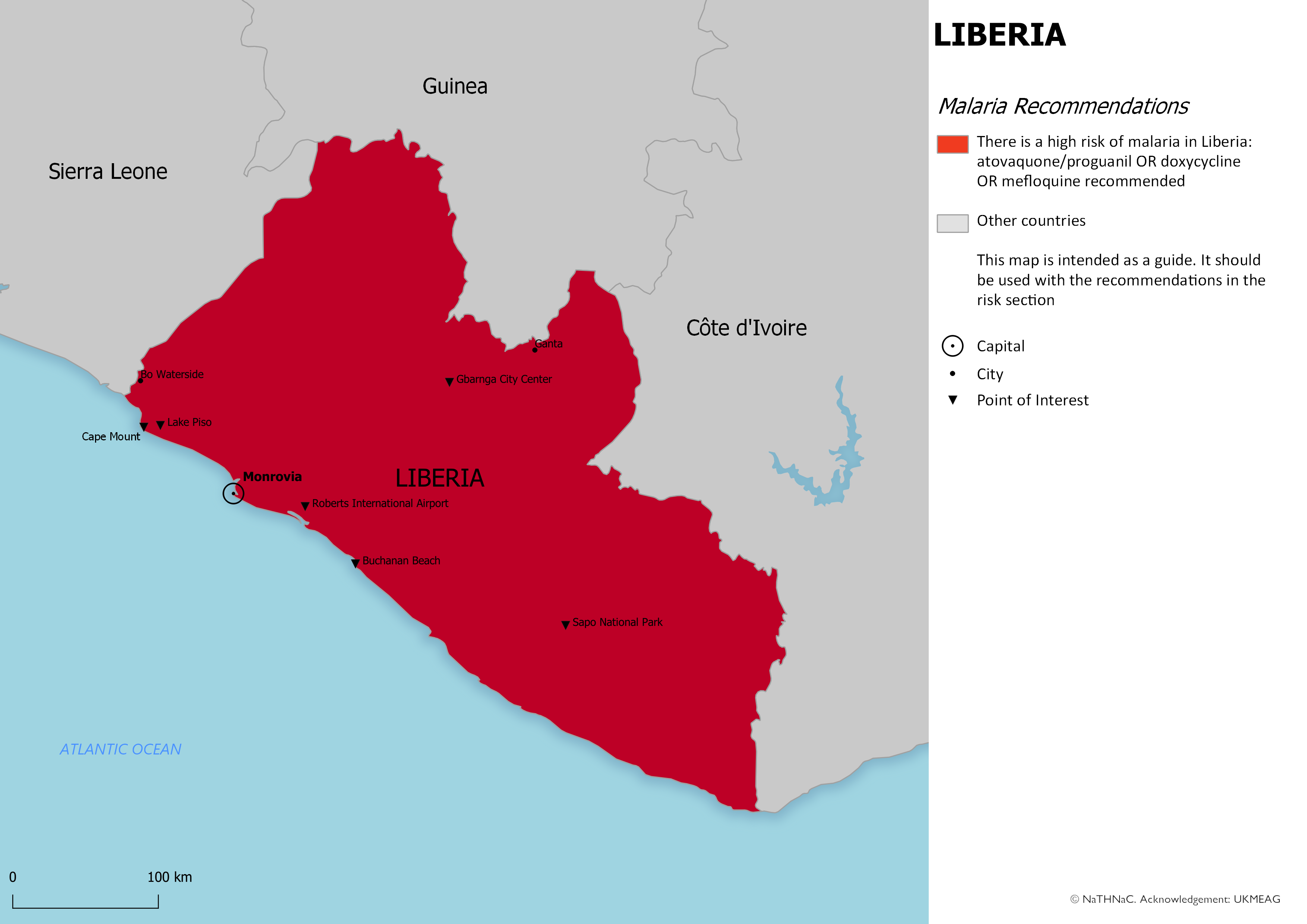 Liberia malaria recommendations Map of Liberia showing antimalarial recommendations