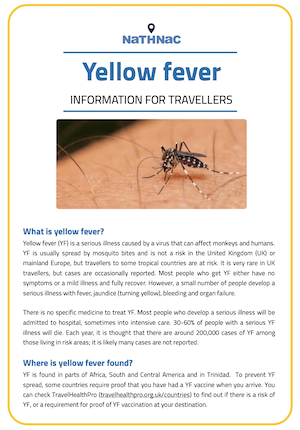 Thumbnail of a Yellow fever information leaflet provided by NaTHNaC