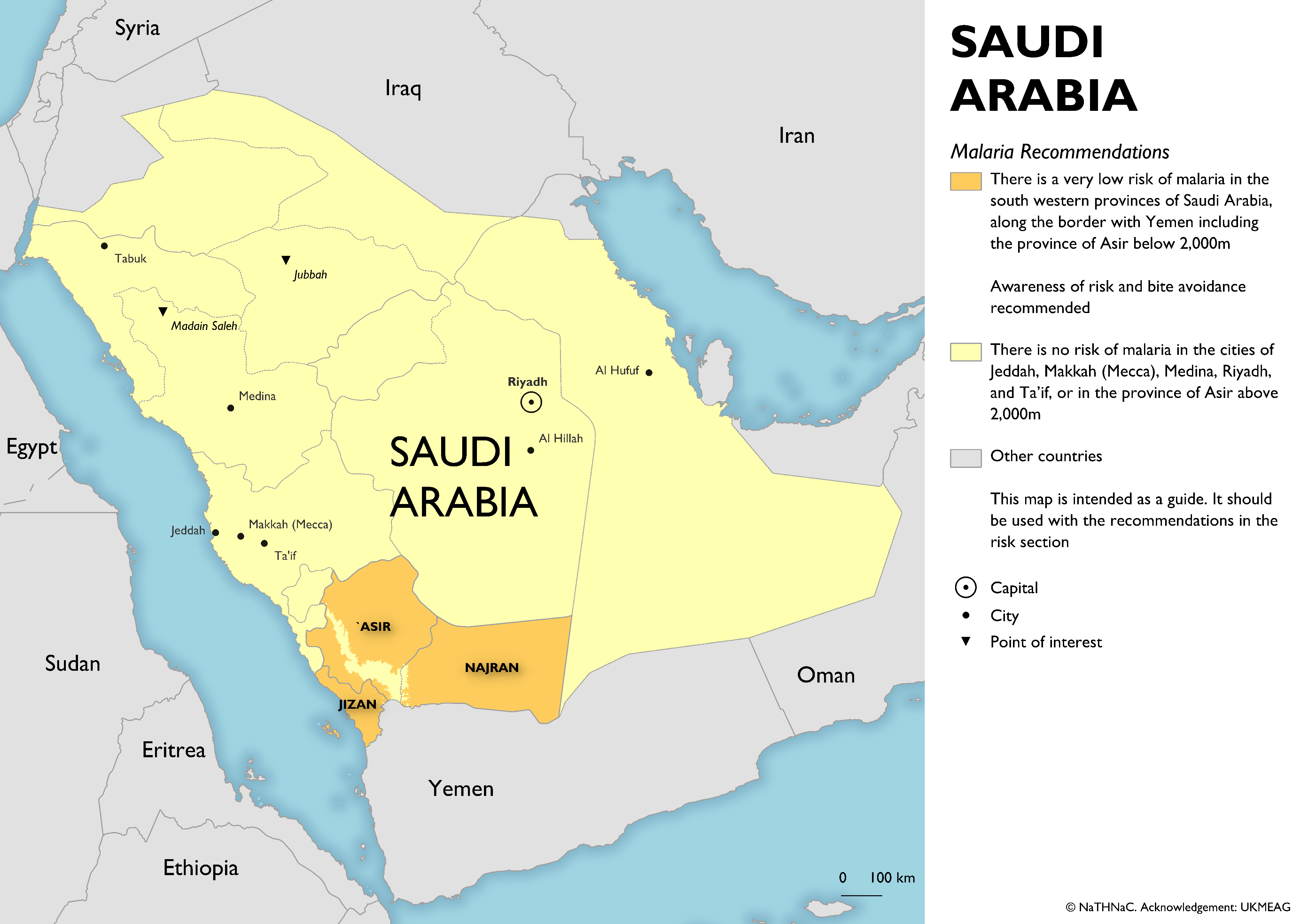 Saudi Arabia malaria recommendations Map of Saudi Arabia showing antimalarial recommendations