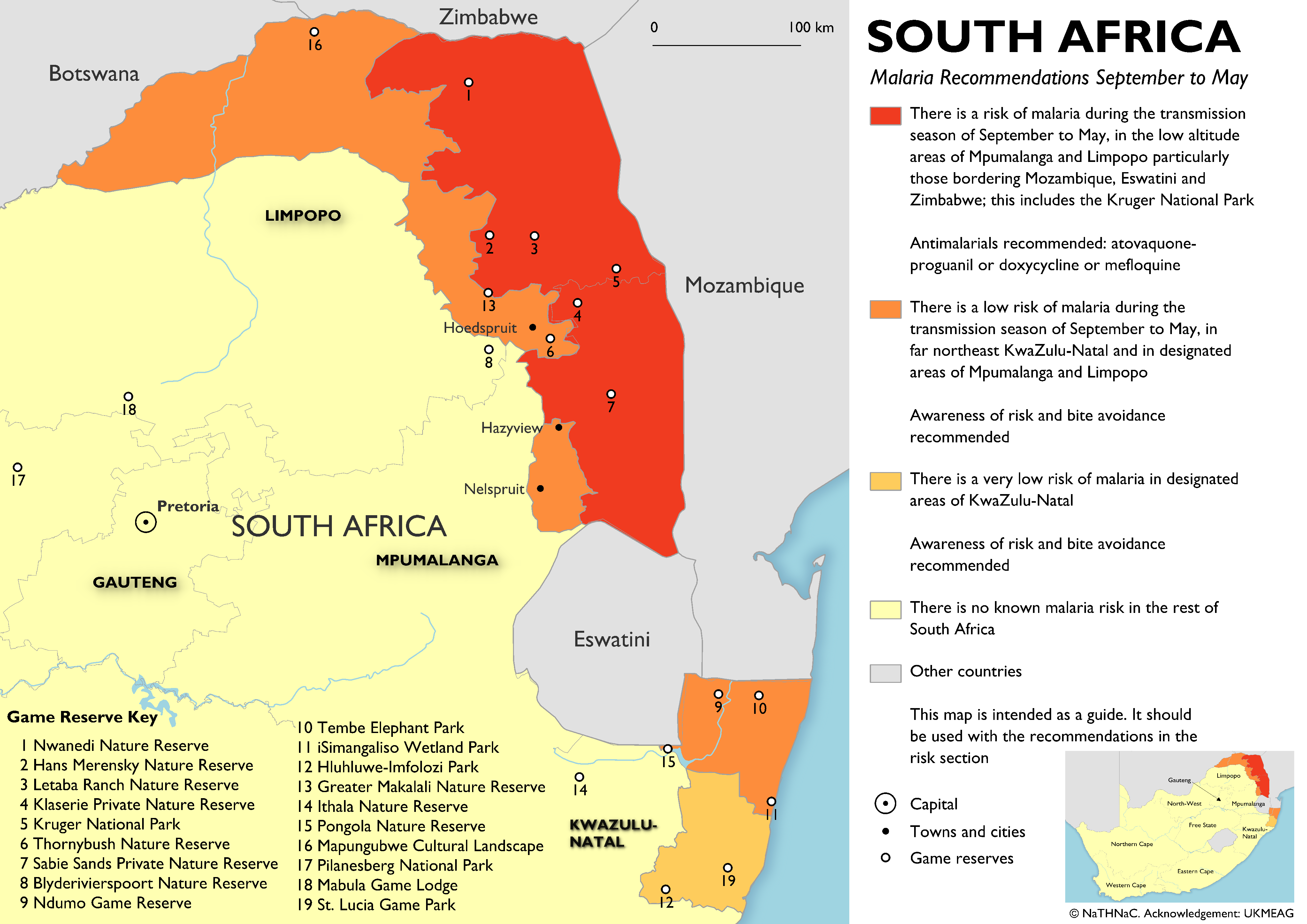 South Africa malaria recommendations Map of South Africa showing antimalarial recommendations