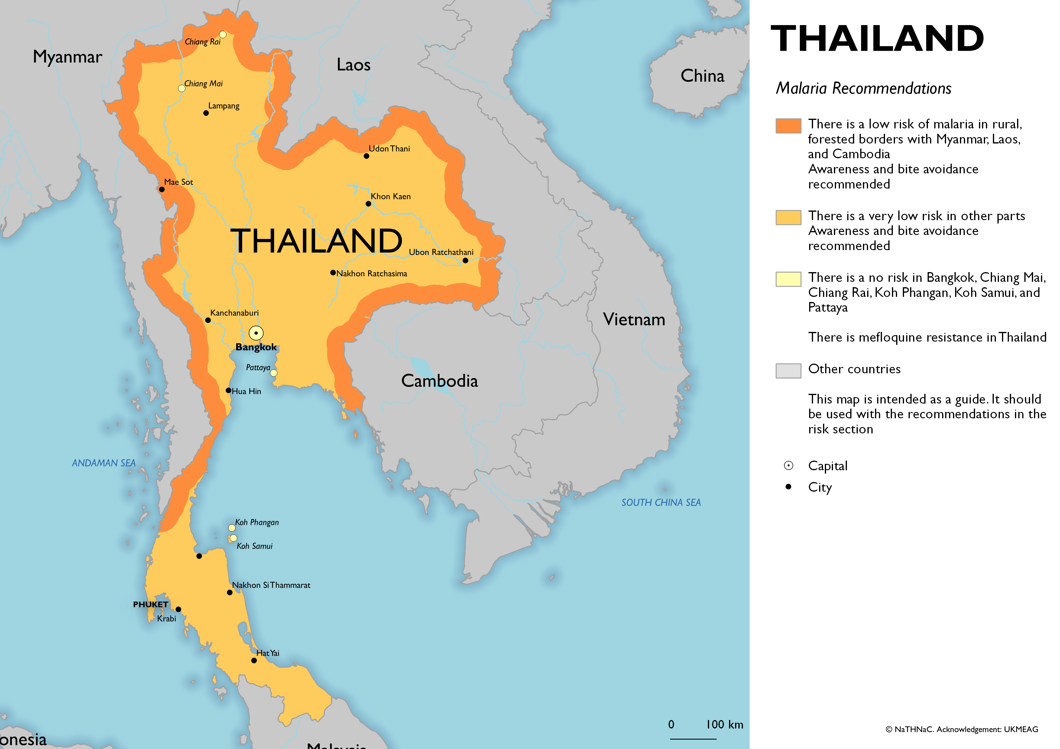 Thailand malaria recommendations Map of Thailand showing antimalarial recommendations