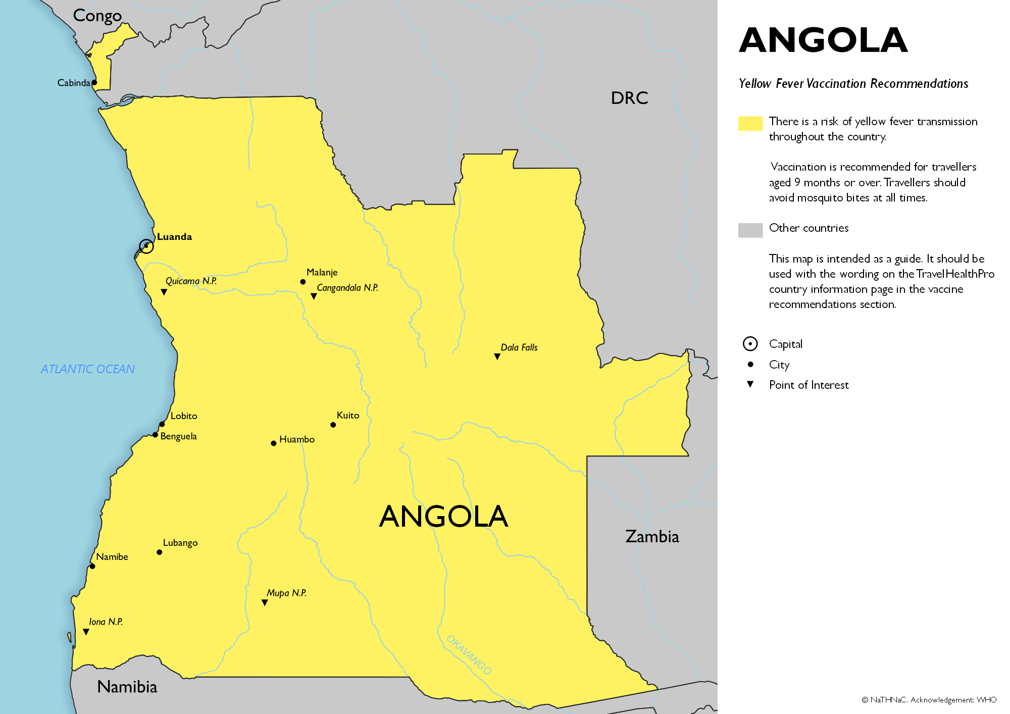 Yellow fever vaccine recommendation map for Angola