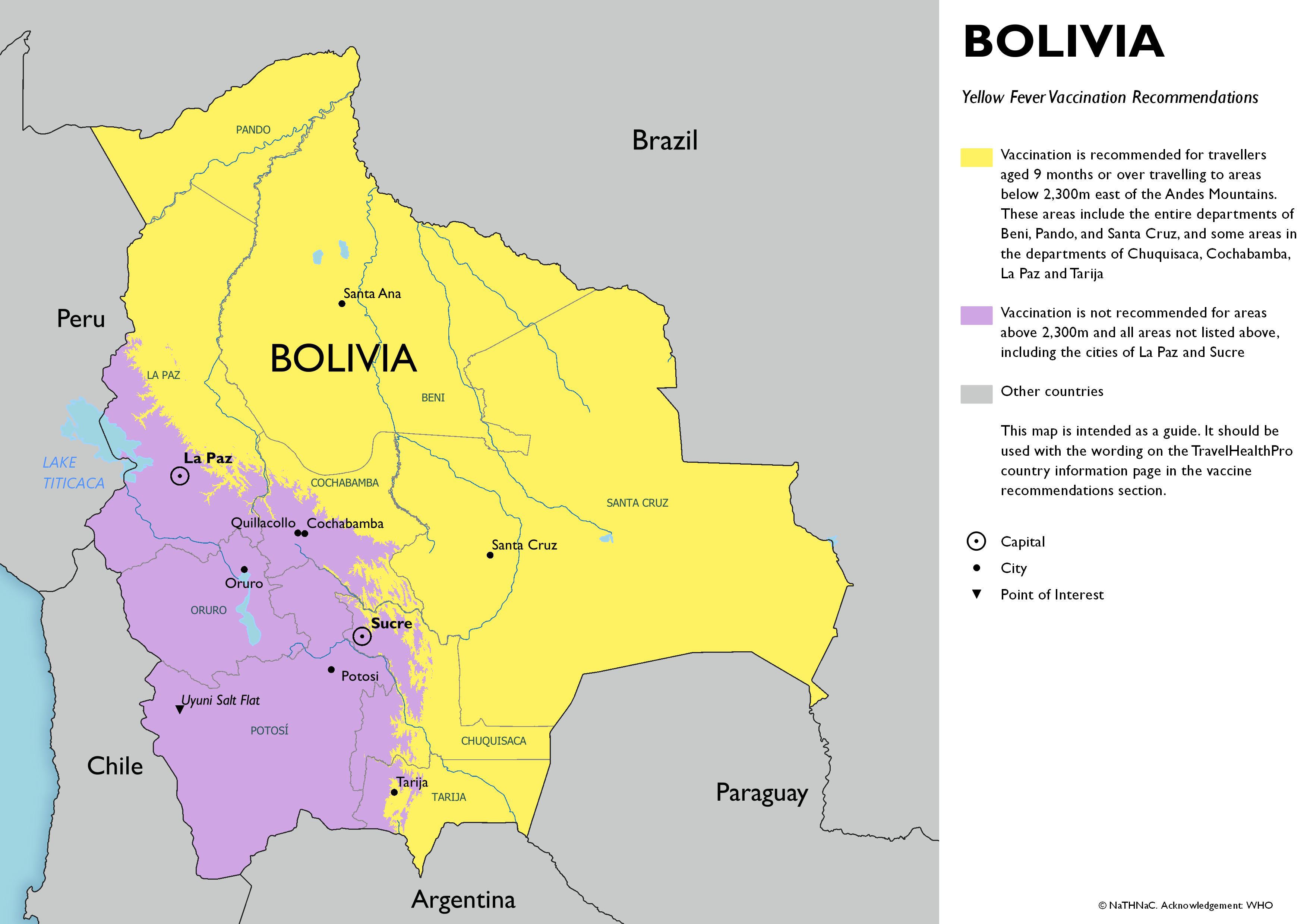 Yellow fever vaccine recommendation map for Bolivia