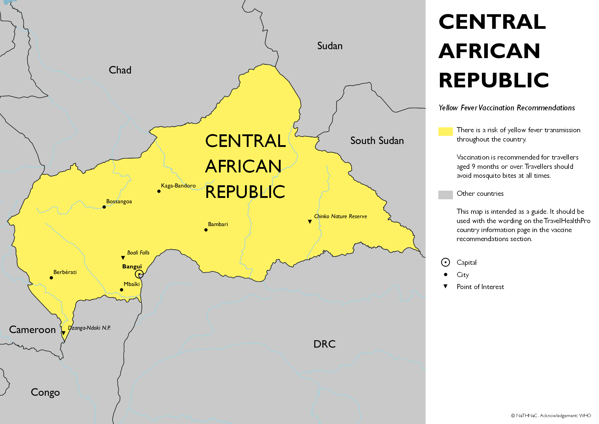 Yellow fever vaccine recommendation map for Central African Republic
