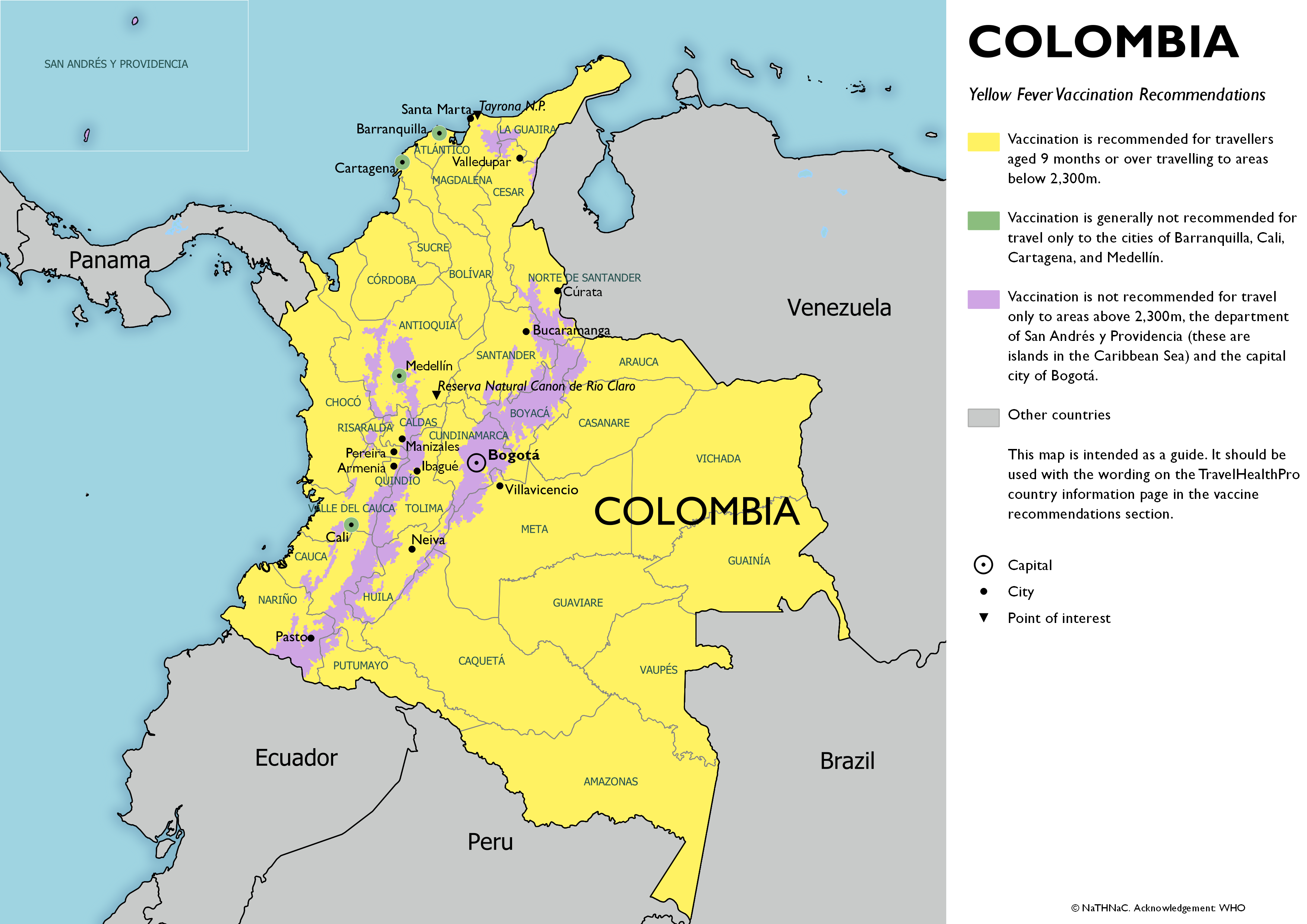 Yellow fever vaccine recommendation map for Colombia