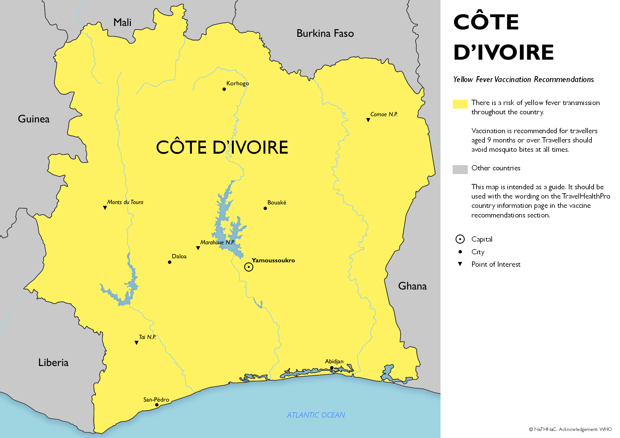 Yellow fever vaccine recommendation map for Cote d'Ivoire