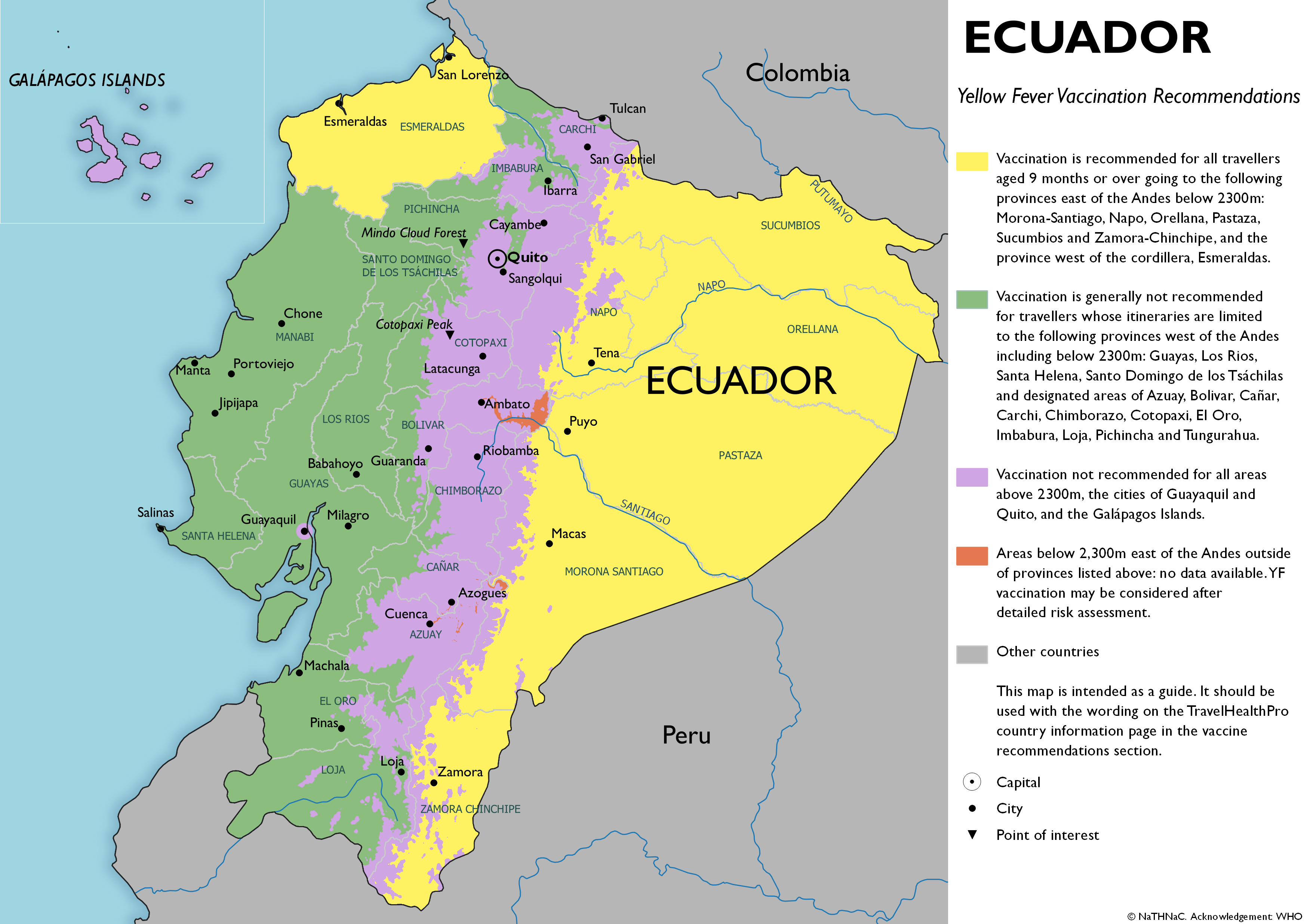 Yellow fever vaccine recommendation map for Ecuador