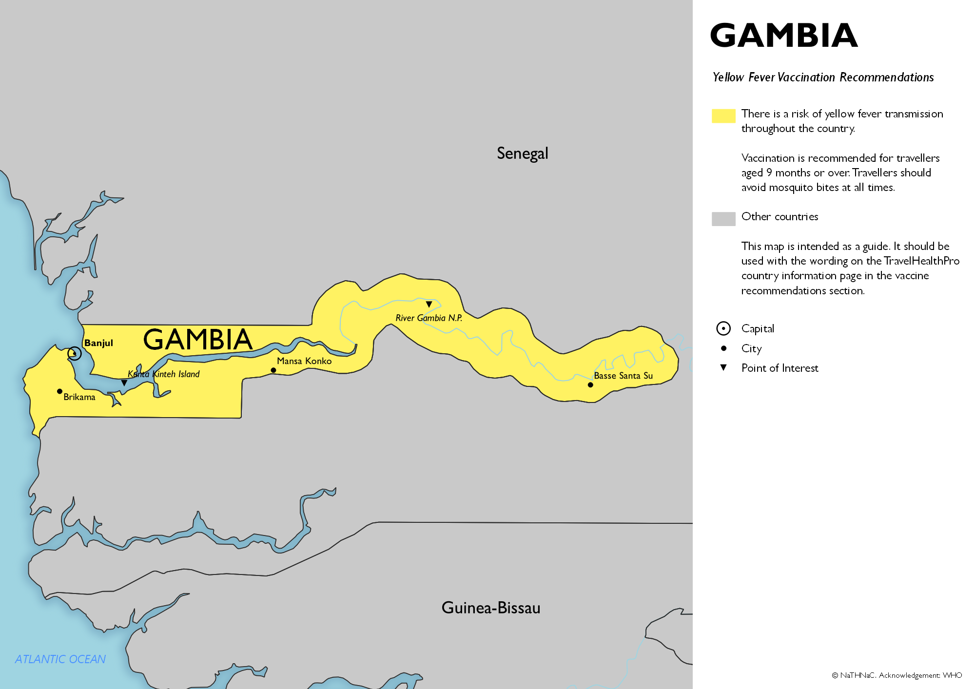 Yellow fever vaccine recommendation map for The Gambia