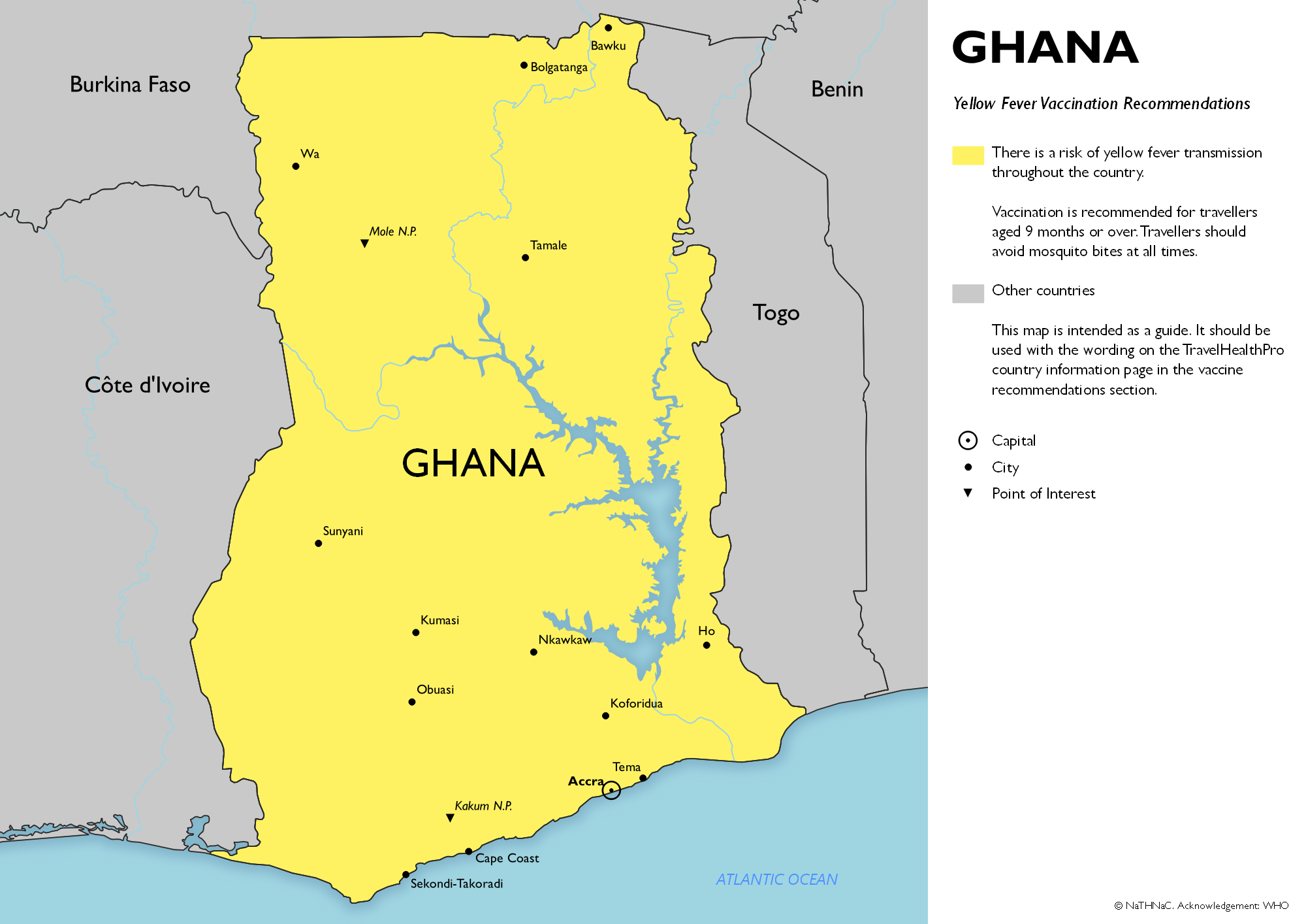 Yellow fever vaccine recommendation map for Ghana