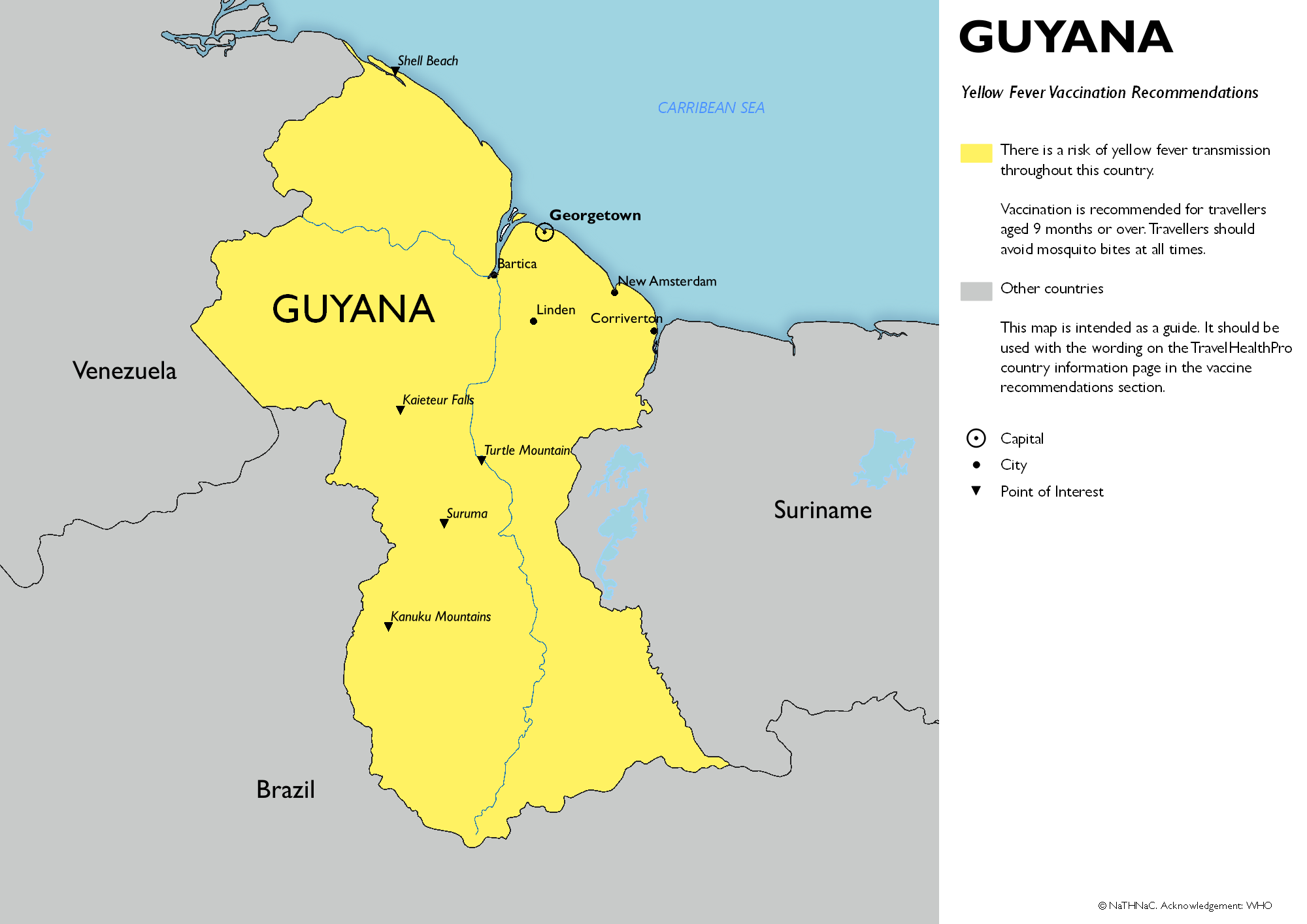 Yellow fever vaccine recommendation map for Guyana