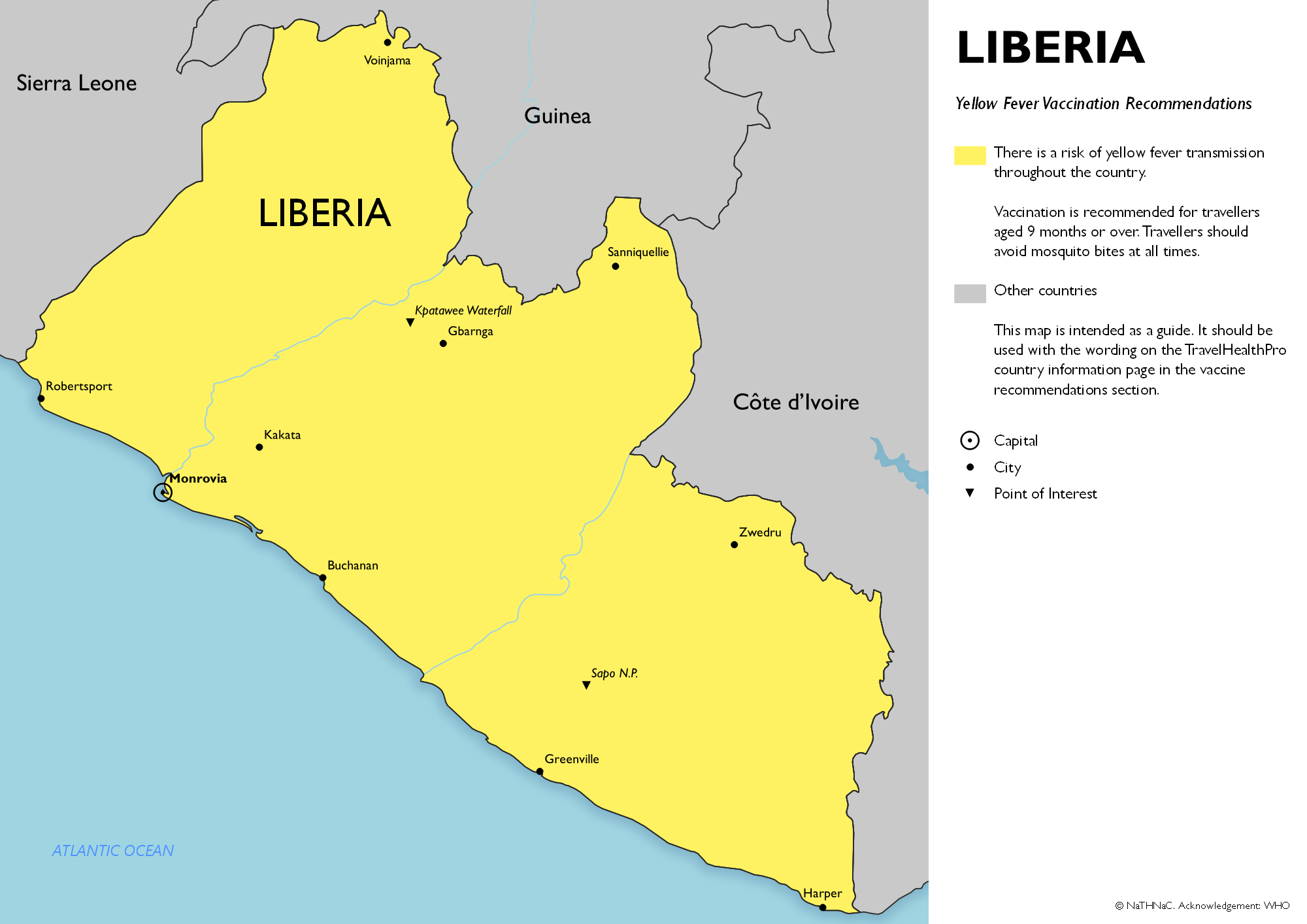 Yellow fever vaccine recommendation map for Liberia