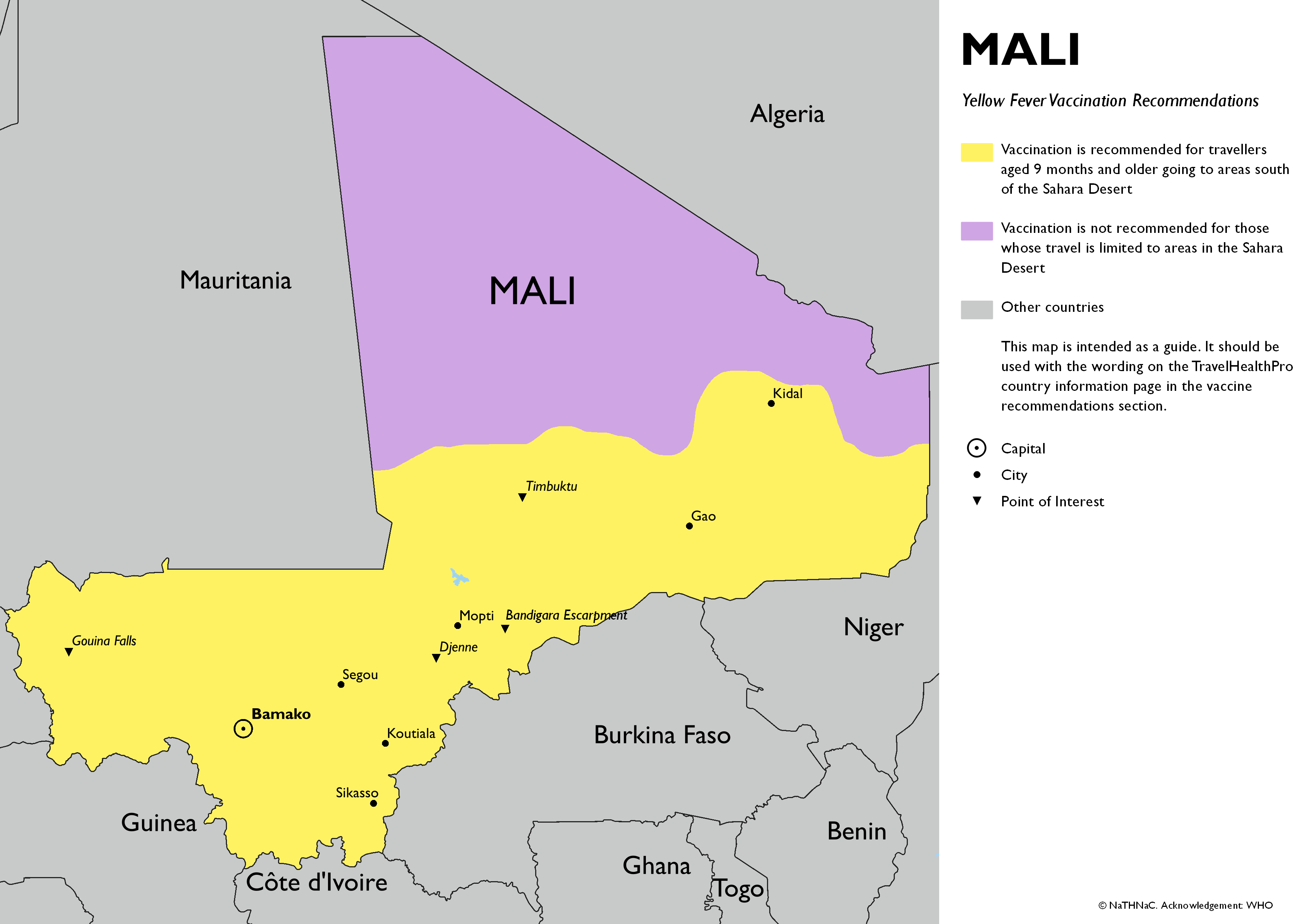 Yellow fever vaccine recommendation map for Mali
