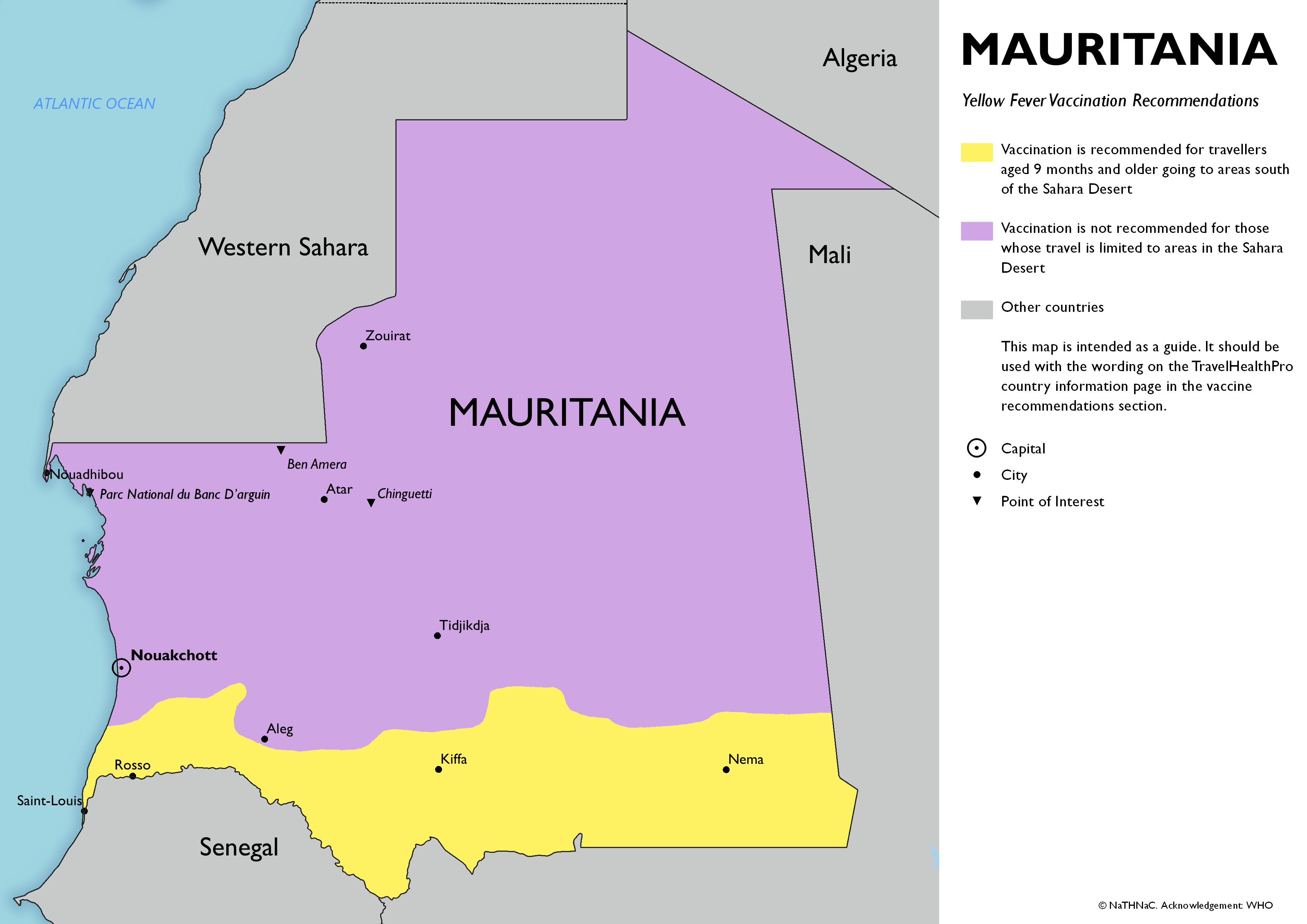 Yellow fever vaccine recommendation map for Mauritania