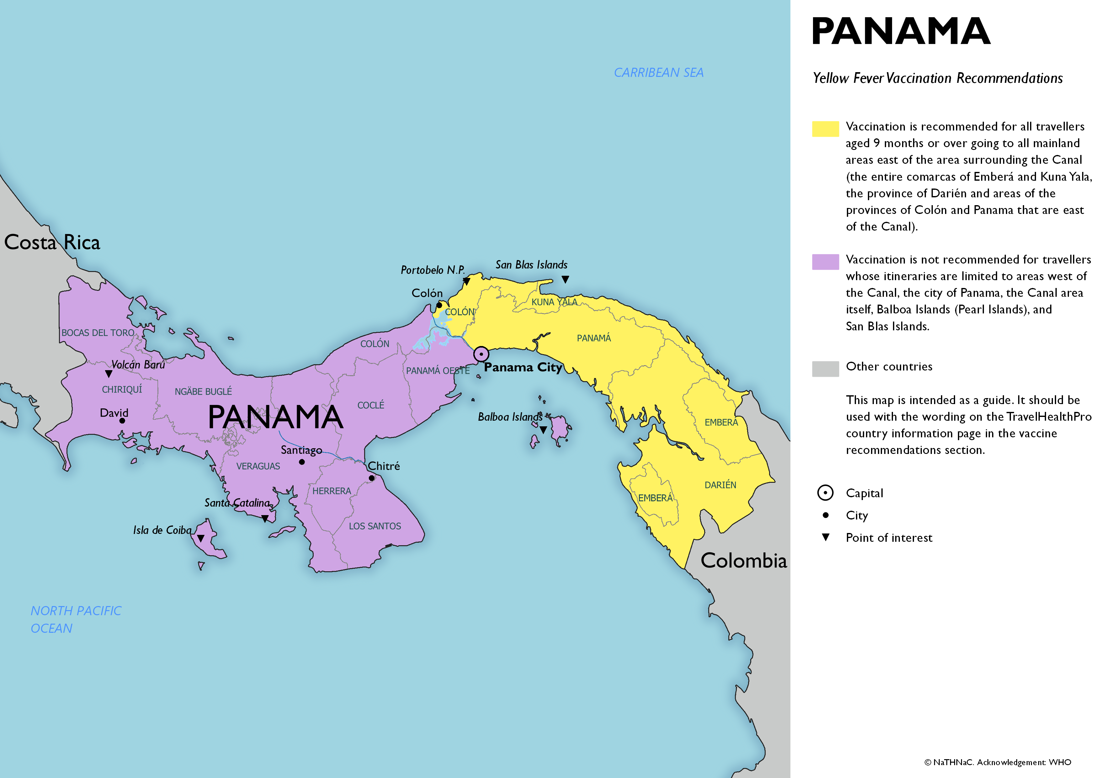 Yellow fever vaccine recommendation map for Panama