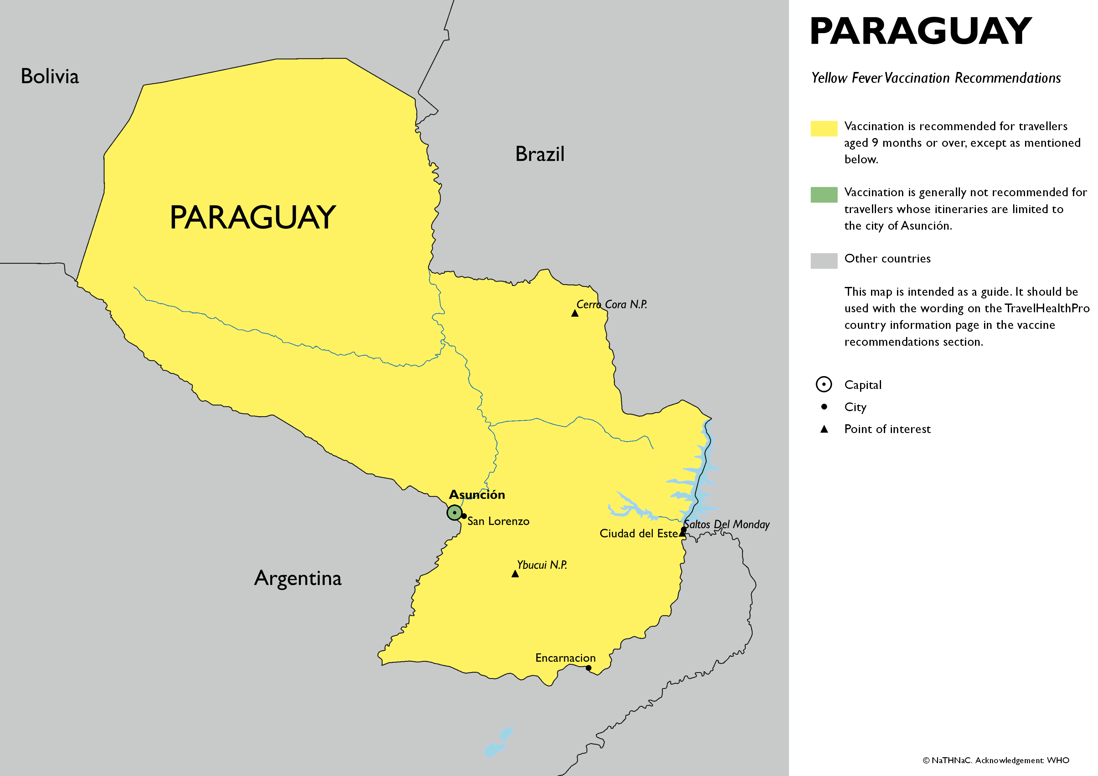 Yellow fever vaccine recommendation map for Paraguay