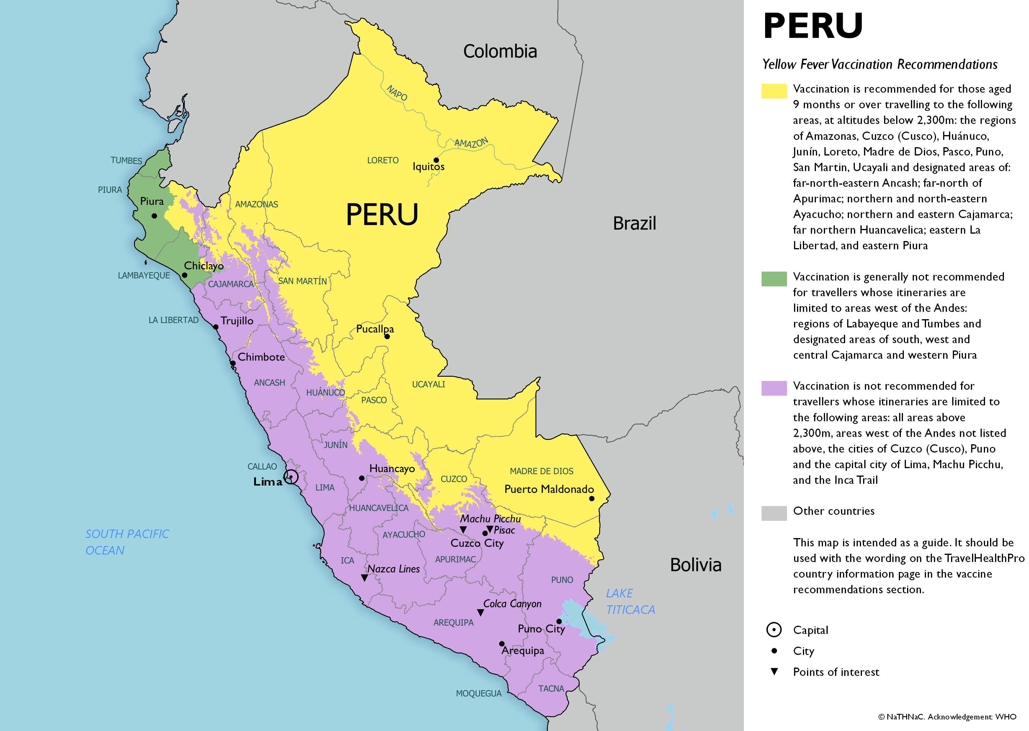 Yellow fever vaccine recommendation map for Peru