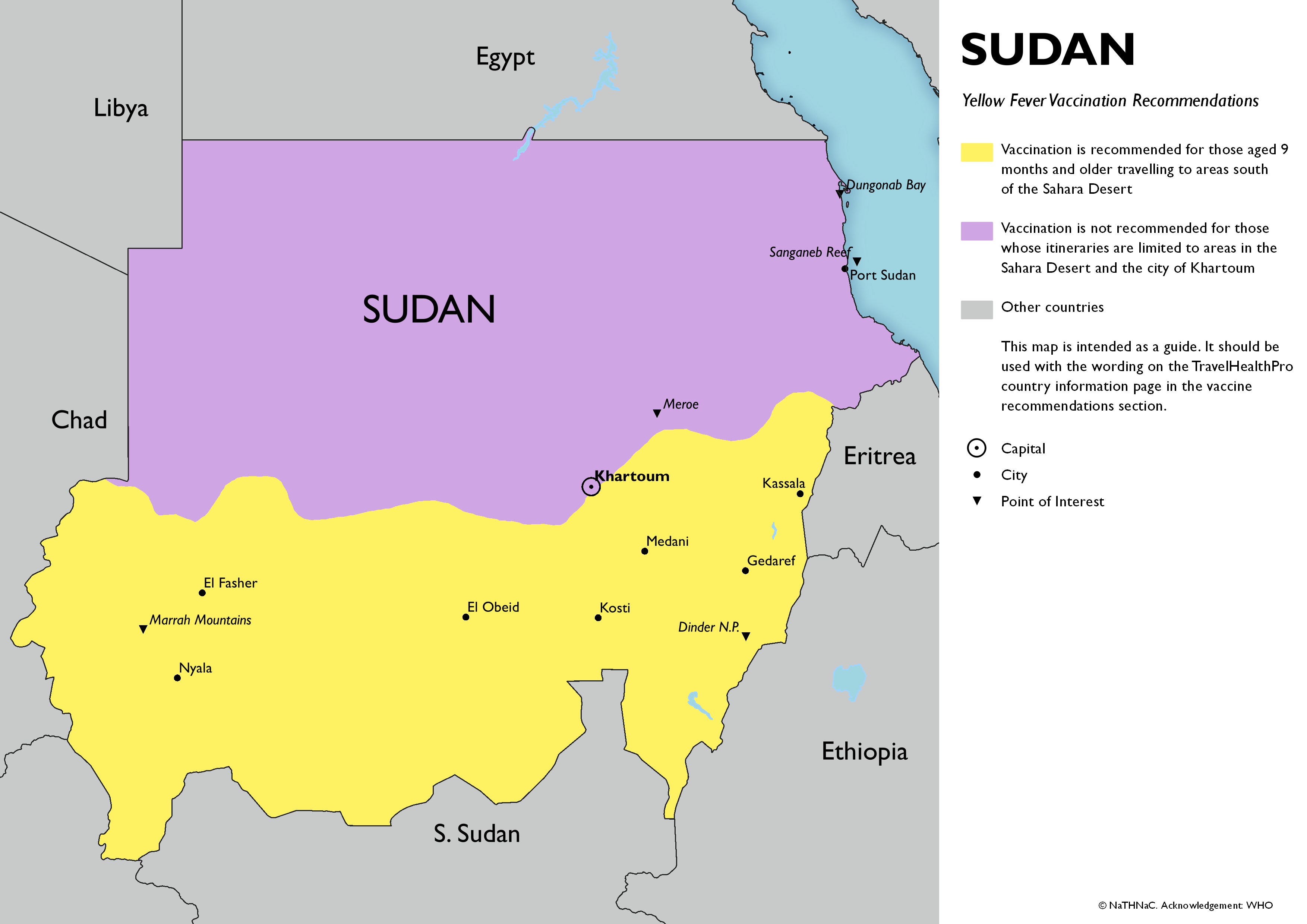 Yellow fever vaccine recommendation map for Sudan