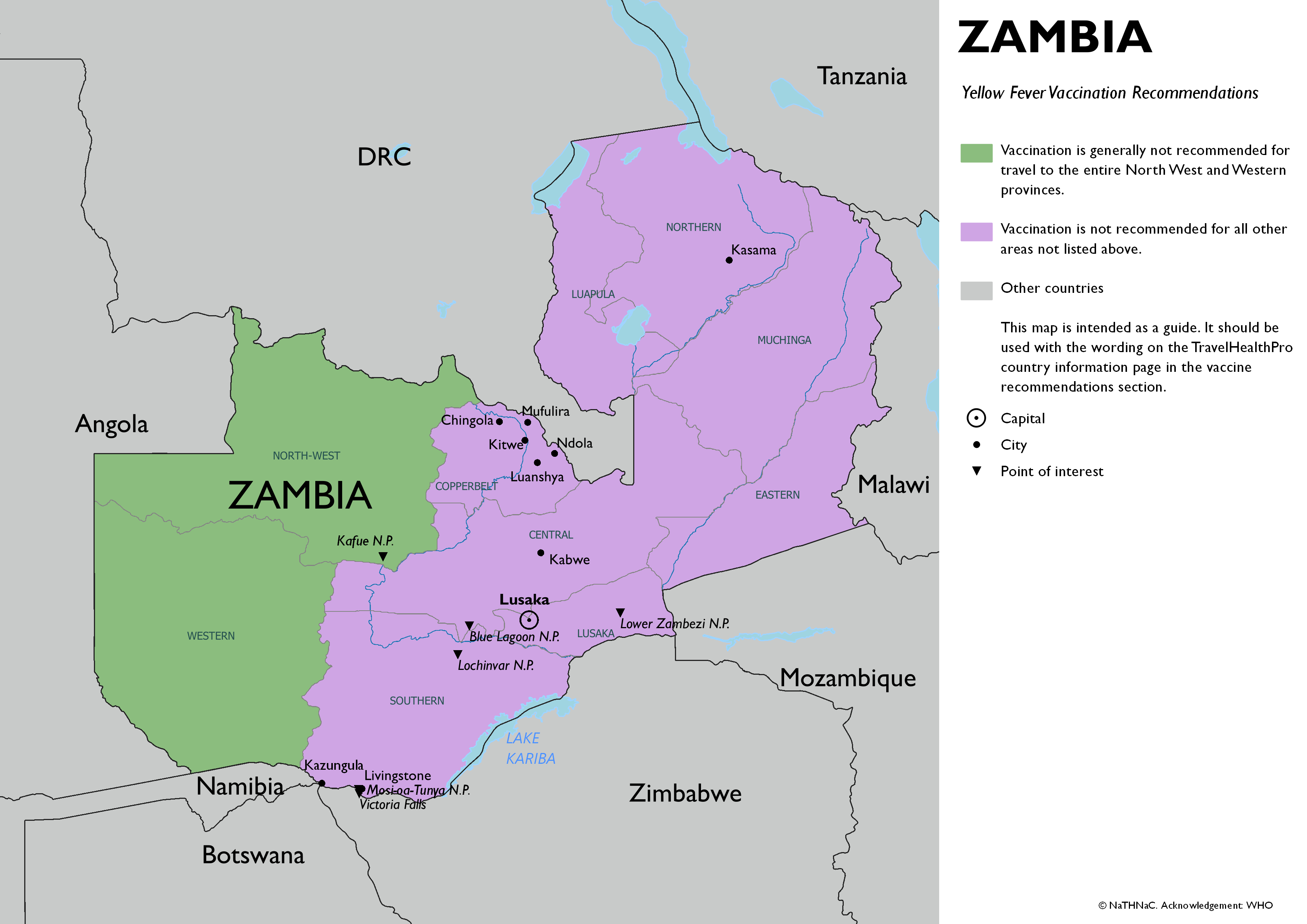 Yellow fever vaccine recommendation map for Zambia